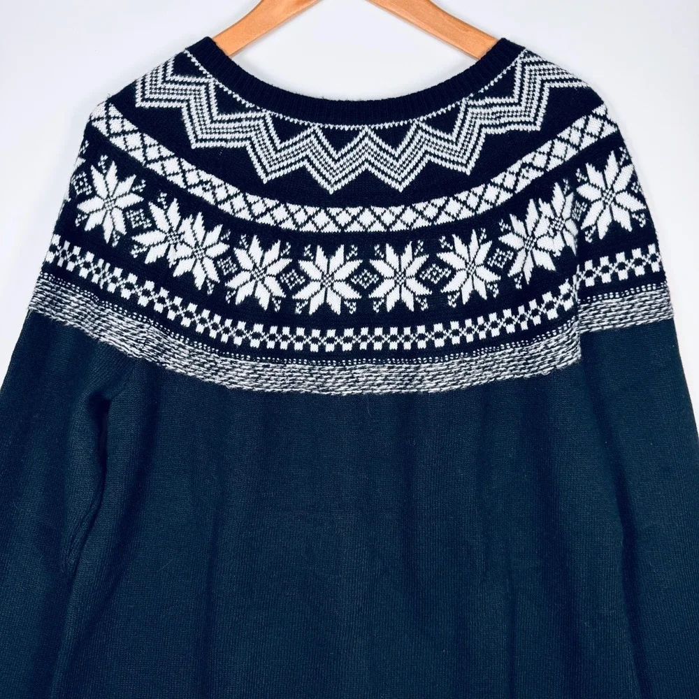 Talbots Cardigan Sweater Womens Large Black White Fair Isle Nordic Button Front‎